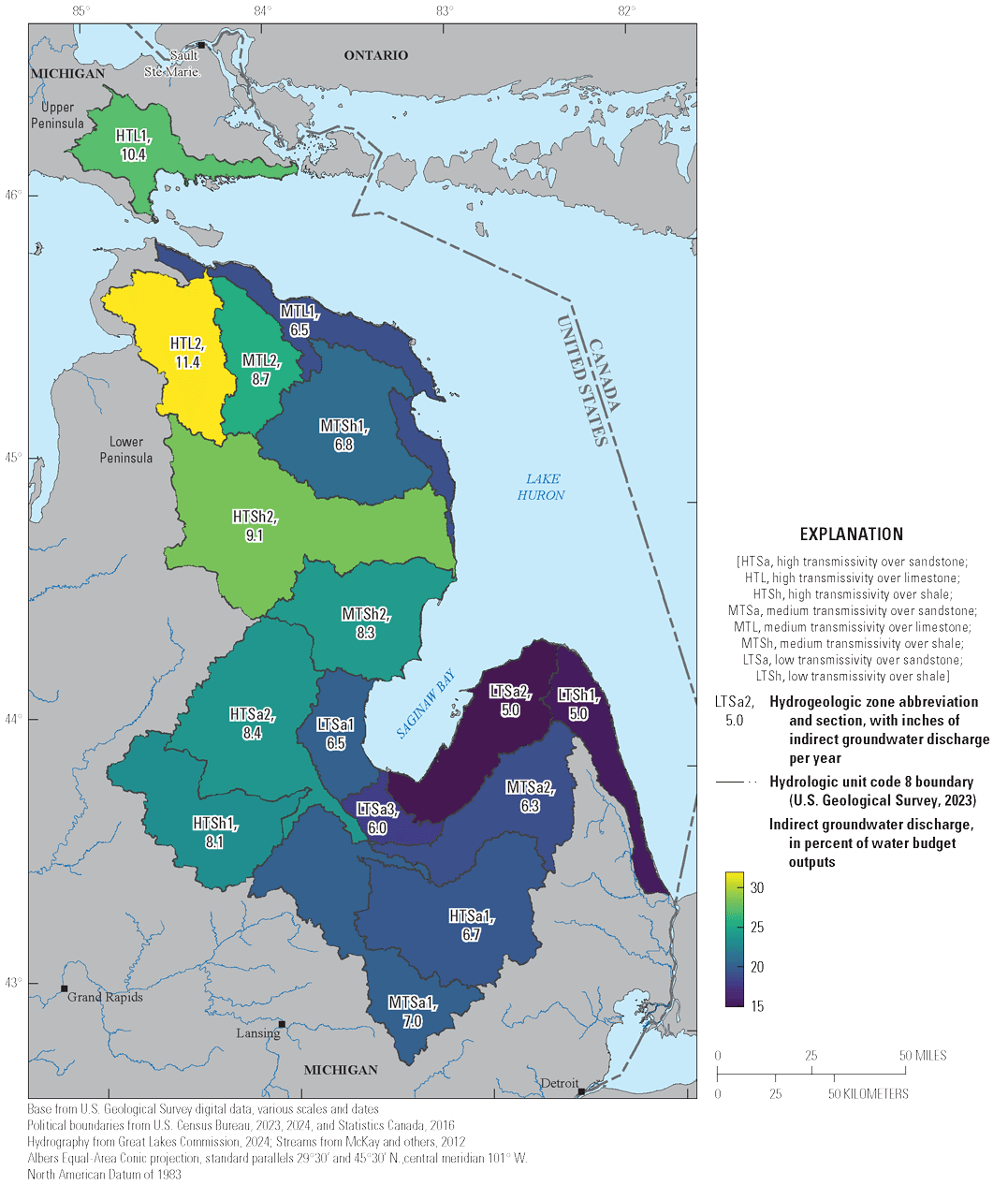 Indirect groundwater discharge amounts generally increased northwards with increasing
                           glacial deposit transmissivity. The hydrogeologic zones in the southern part of the
                           basin had, on average, lower amounts of indirect groundwater discharge.
