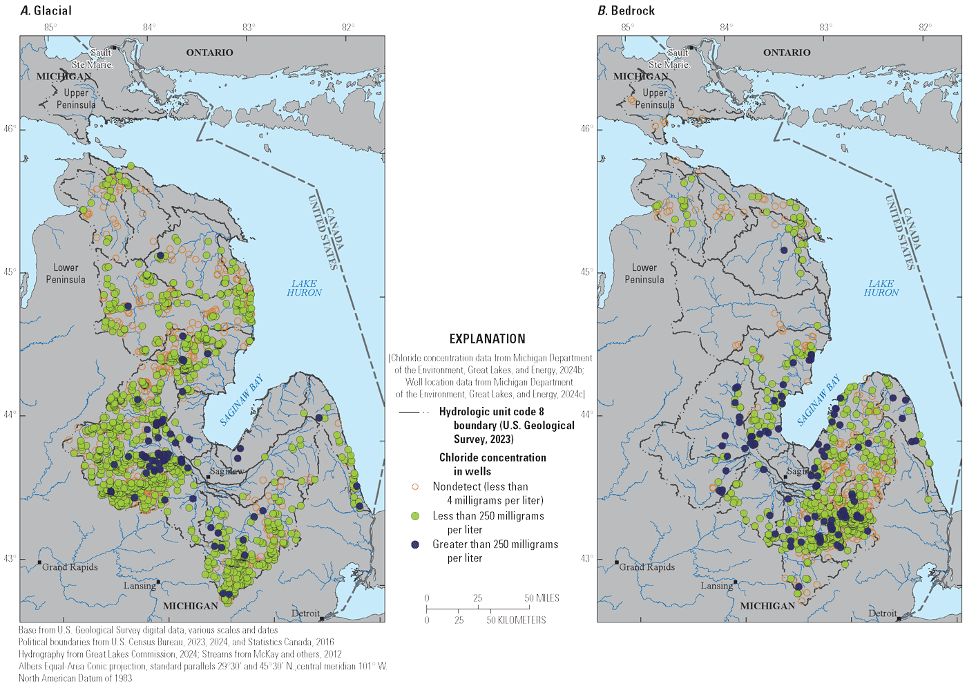 There were more samples taken from wells in the glacial aquifer, shown in panel A,
                           but more of the samples from wells in the bedrock aquifer had chloride concentrations
                           above 250 mg/L. Samples from wells in the bedrock aquifer were primarily located in
                           the southern part of the basin while samples from wells in the glacial aquifer were
                           more distributed across the entire basin.