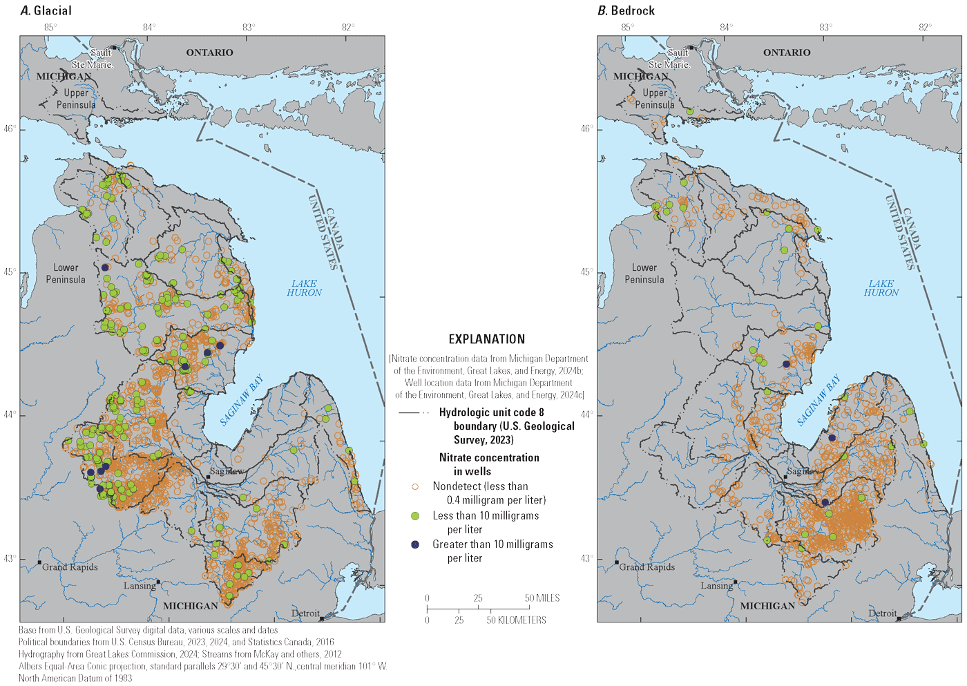 Panel A shows the glacial wells with samples of nitrate as N, and more samples were
                           taken in wells in the glacial deposits than in wells in the bedrock. Nitrate was detected
                           more frequently in the glacial wells than the bedrock wells, but still, 87 percent
                           of glacial wells had no detectable nitrate. Panel B shows the nitrate concentrations
                           in bedrock wells, and only 3 percent of bedrock wells contained detectable nitrate.