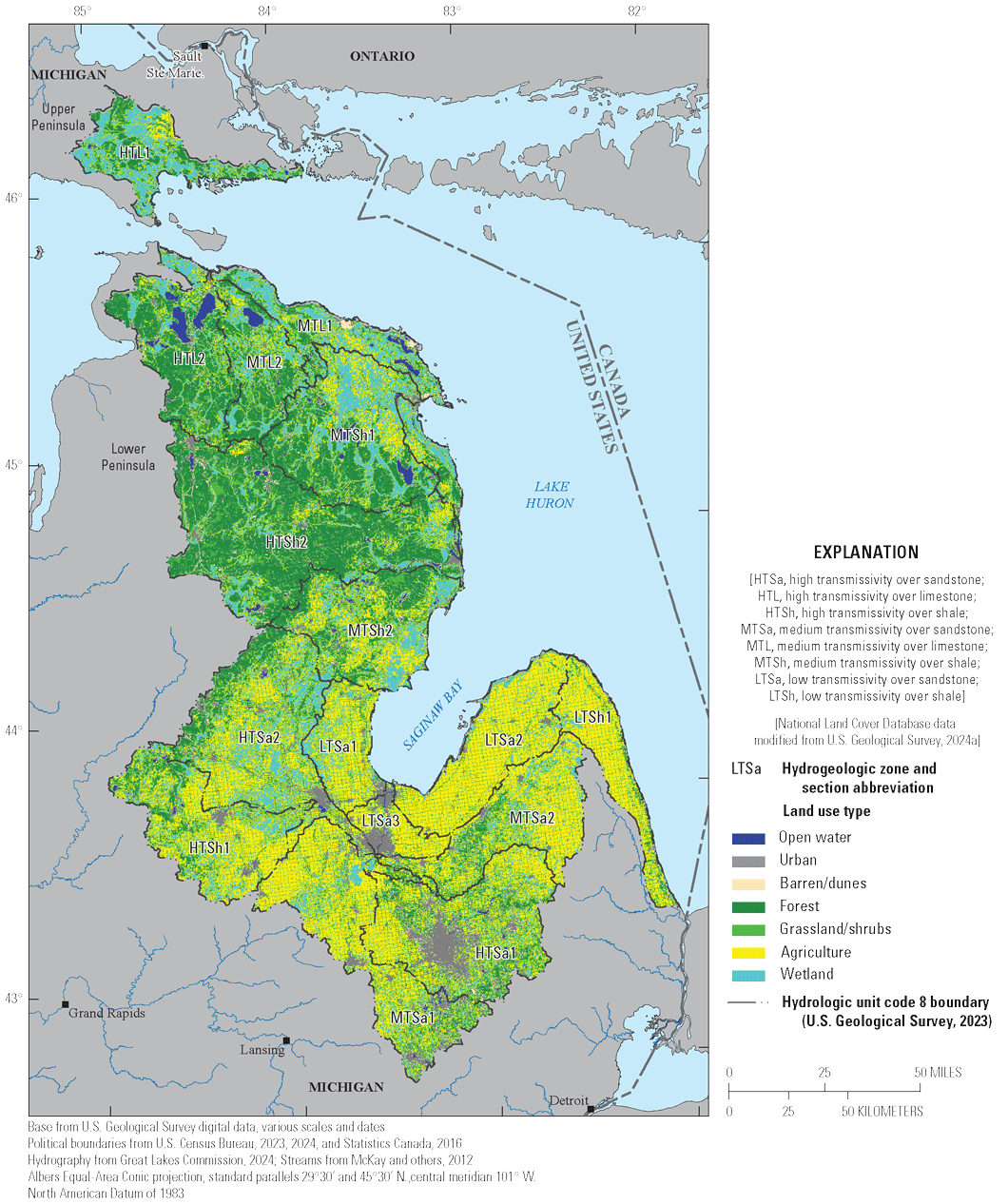Forests and wetlands dominate the northern part of the basin while agriculture and
                        urban area are located across most of the southern part of the Lake Huron Basin.