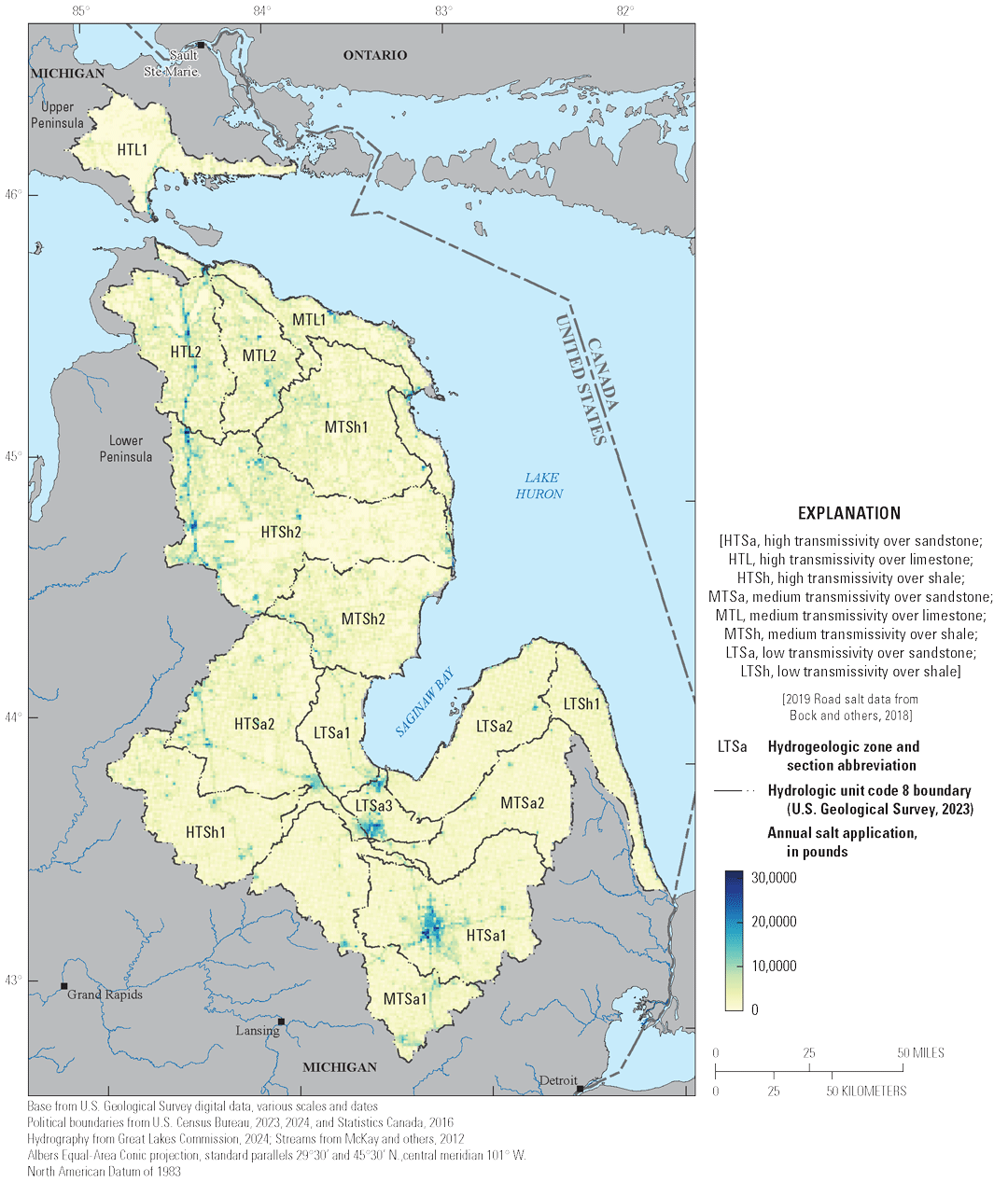 Most of the basin received some salt application during 2019. Higher levels of salt
                        application were located in the southern part of the basin around larger city centers
                        and across the whole basin along major highways.