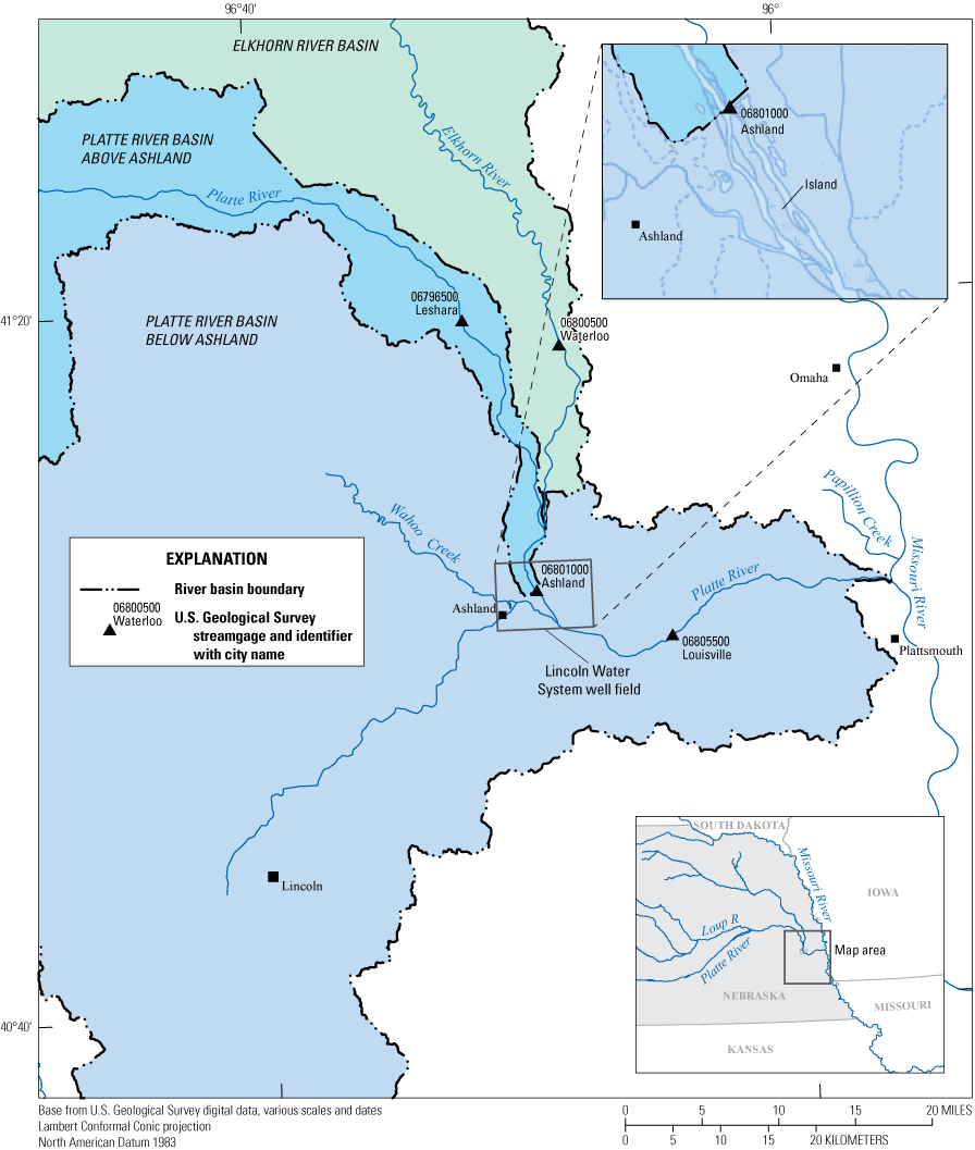 Study area in the lower Platte River Basin of Eastern Nebraska identifying City of
Lincoln well fields and U.S. Geological Survey streamgages.