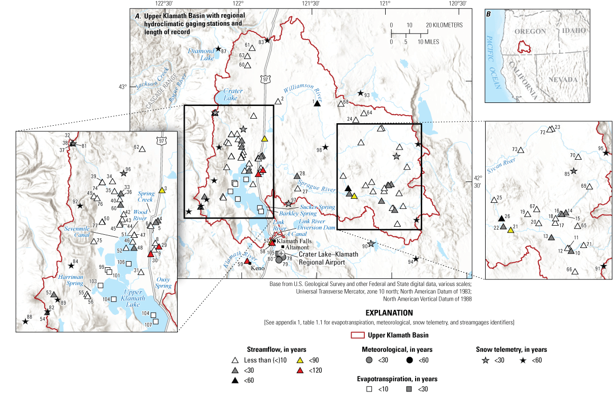 1. Maps show most of the hydroclimatic gages in the southwest area of the basin, upstream
from Upper Klamath Lake.