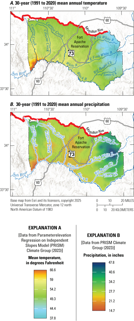Annual temperatures are higher in the southwestern part of the Fort Apache Reservation
                           while precipitation is higher in the east central part of the reservation.