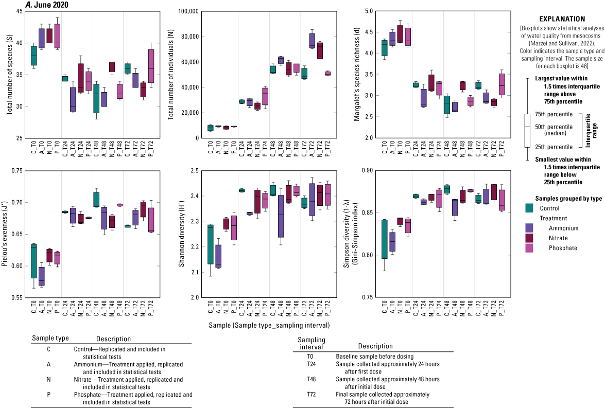 Boxplots show diversity measures, including total number of species, total number
               of individuals, Margalef’s species richness, Pielou’s evenness, Shannon diversity,
               and Simpson diversity, across treatments and time for June 2021, September 2020, and
               February 2021 mesocosm deployments.