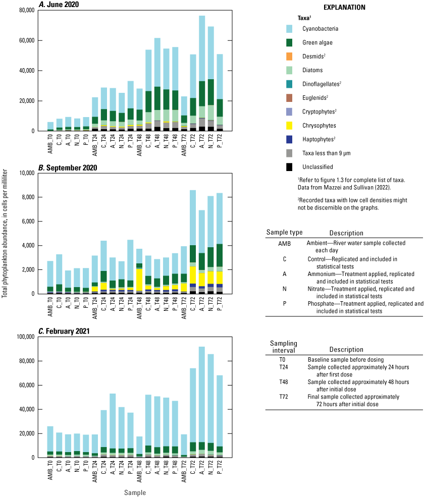 Baseline phytoplankton assemblages in the river were different across the three deployments;
                        the highest cell concentration occurred during the winter deployment.