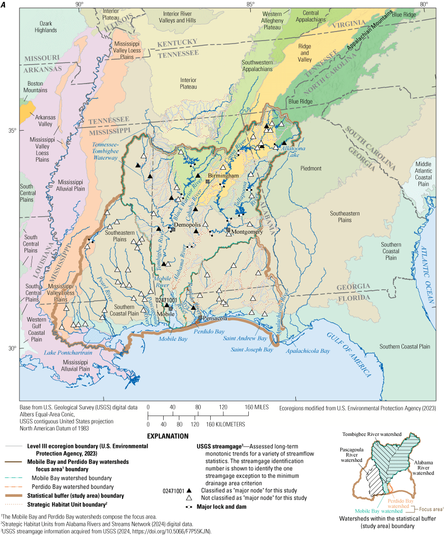 Streamgages are located throughout the Mobile Bay and Perdido Bay watersheds and the
                     associated statistical buffer area.