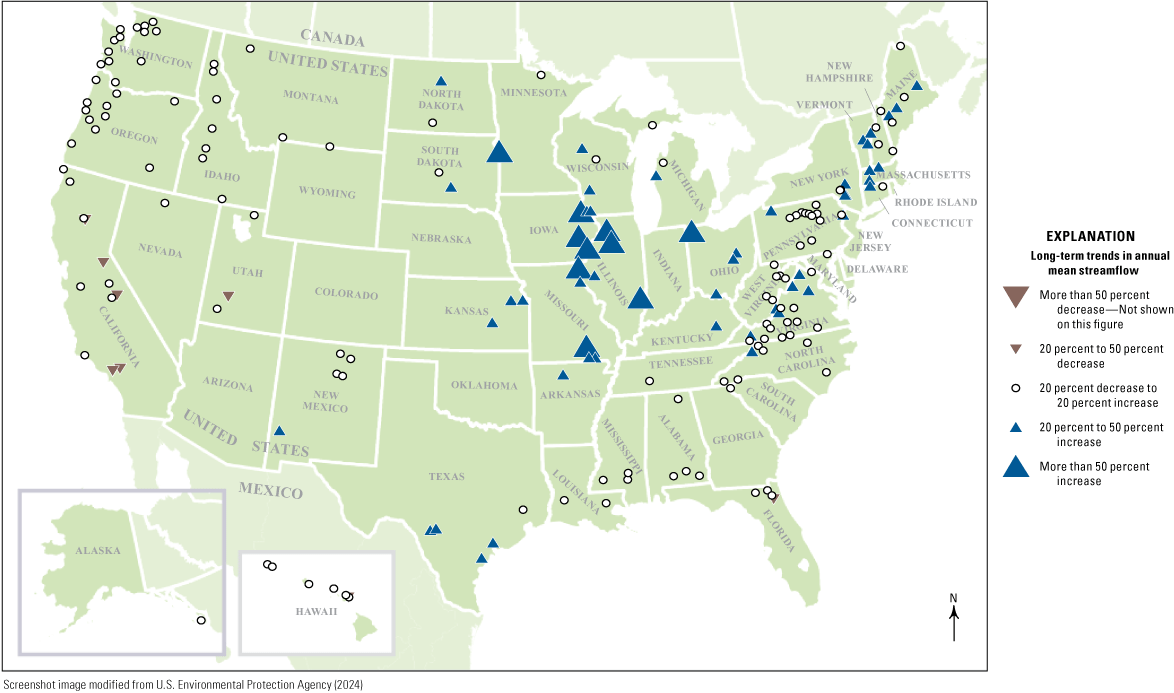At all reference streamgages in the study area, annual mean streamflows are in the
                        20% decrease to 20% increase category.