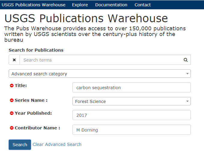 A screenshot of The USGS Publications Warehouse advanced search interface