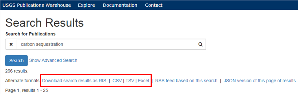 A screenshot of an example search results showing the RIS and tabular download options