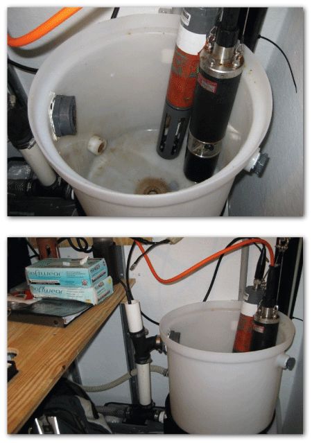 Two images of an empty tub used to collect data with sondes.