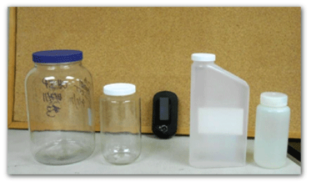 Left to right: one 4-liter glass bottle, 1-liter glass bottle, 1-liter plastic wedge,
                              and 1-liter plastic round.