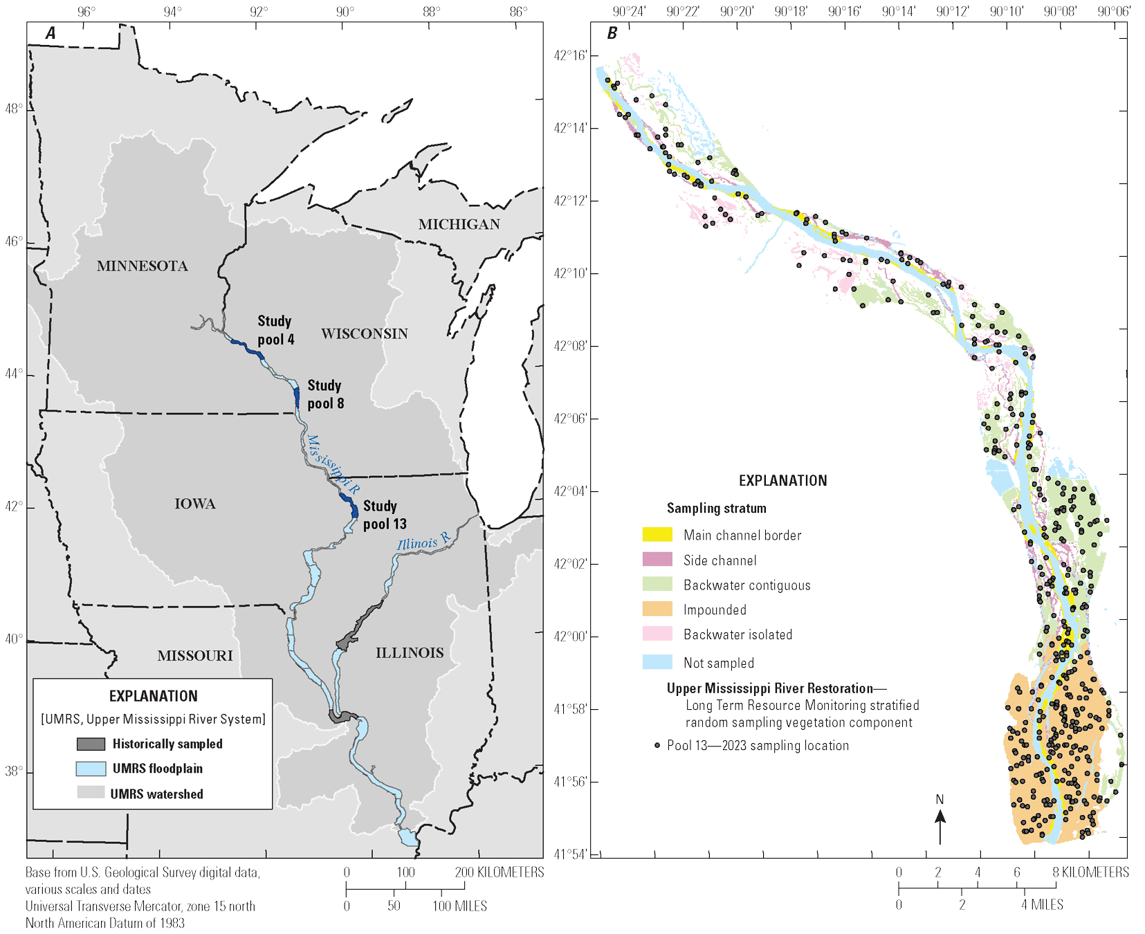 Two maps showing the Upper Mississippi River in the United States, and a sampling
                        design for aquatic plants.