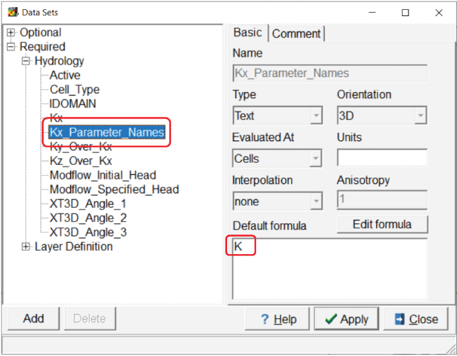 “Basic” tab selected. Other fields shown: Name, Type, Orientation, Evaluated At, Units,
                        Interpolation, and Anisotropy.