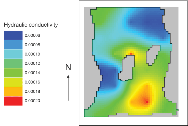 Eight hydraulic conductivity values, ranging from 0.00006 to 0.00020 in increments
                           of .00002, are spread across the map.