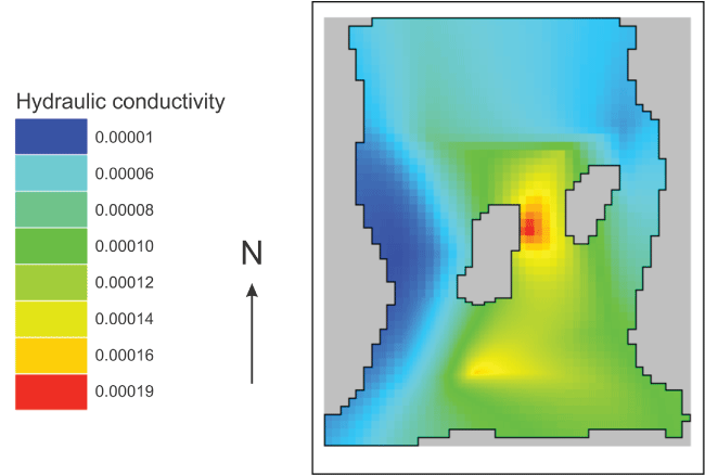 Eight hydraulic conductivity values, ranging from 0.00006 to 0.00020, in varied increments,
                           are spread across the map.