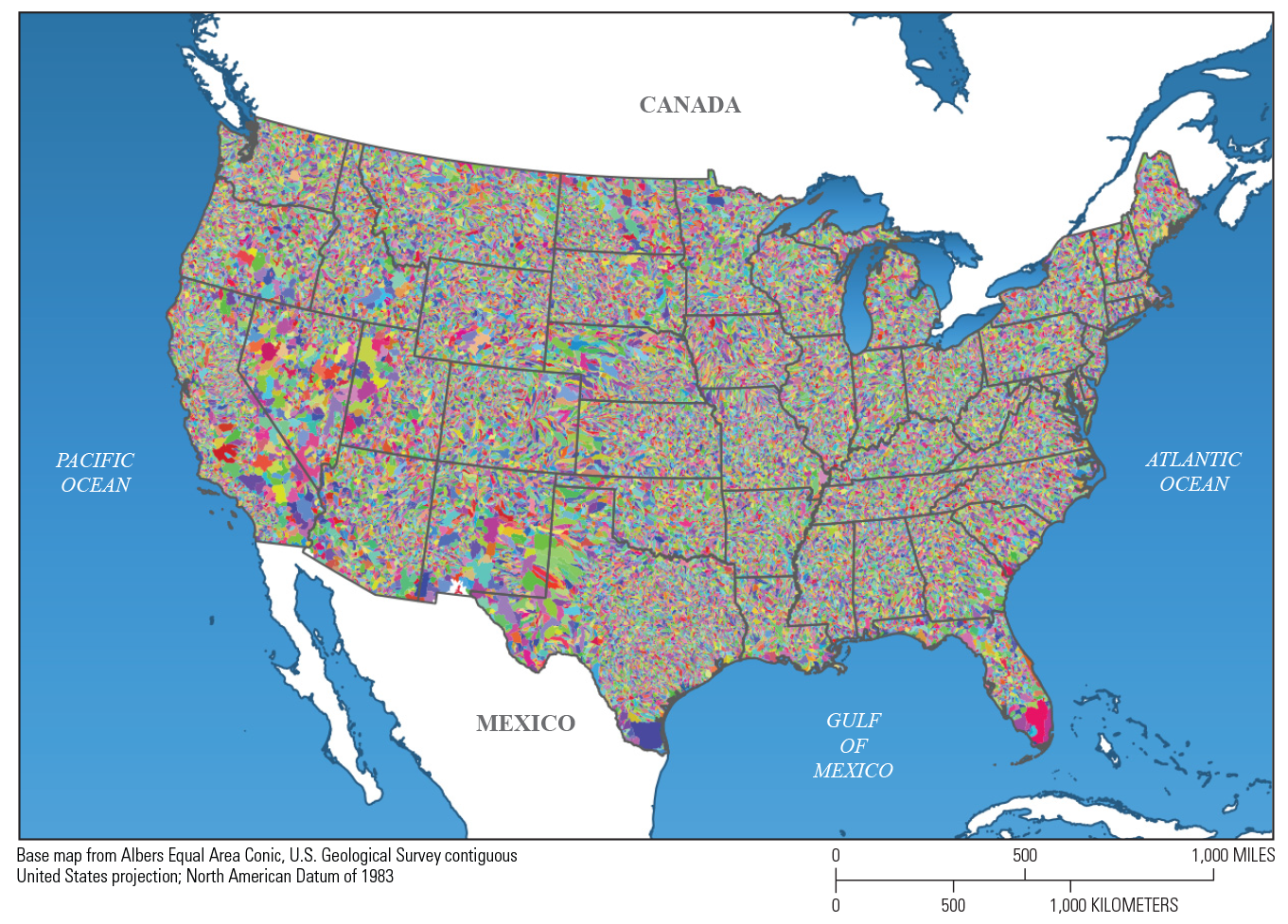 Hydrologic Response Units appear as many colored polygons, variably shaped and sized,
                           that fill a map of the United States