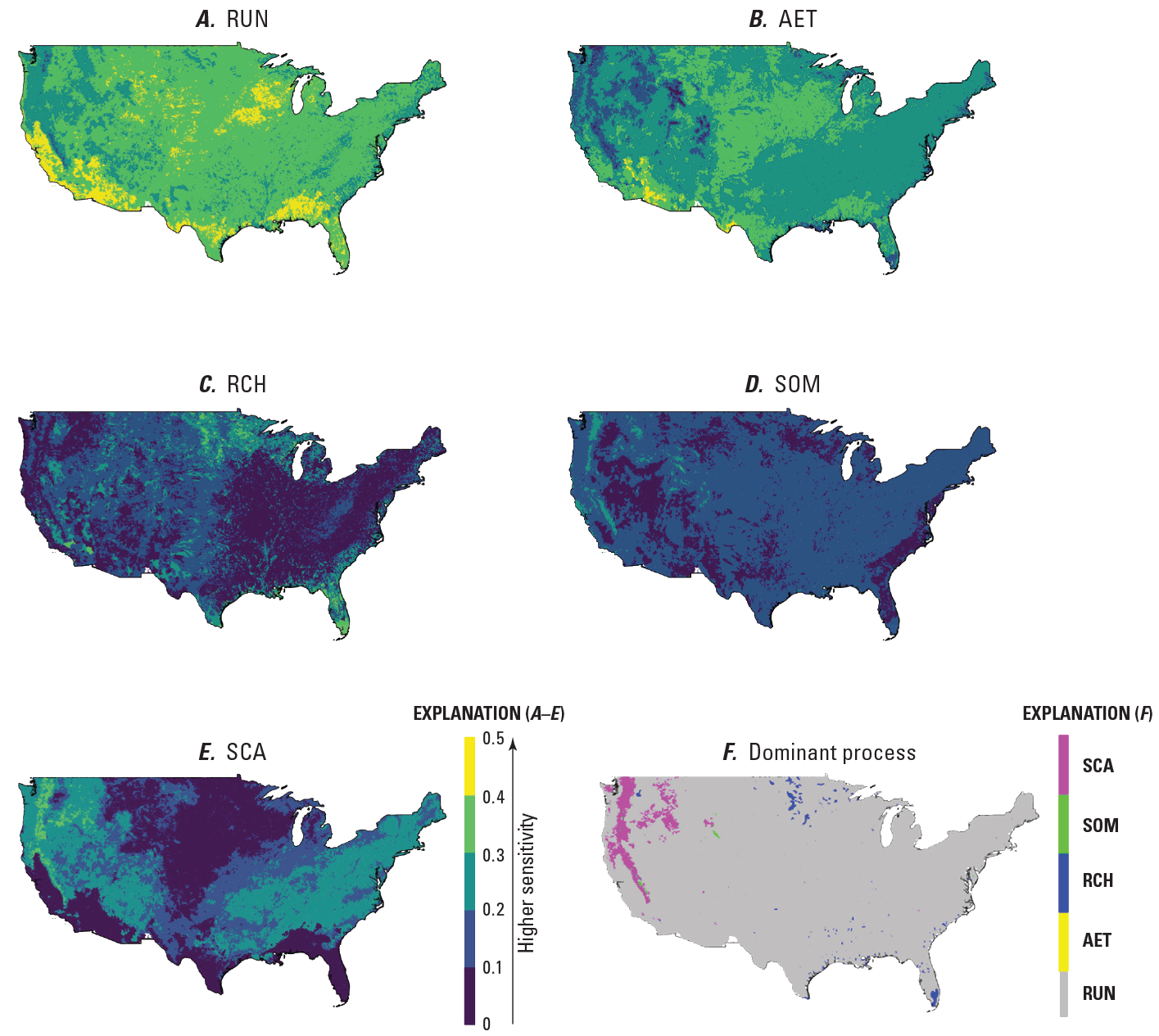 Relative influence values are shown spatially on a map of the United States using
                              a color scale; the dominant process in the western United States is “snow-covered
                              area”