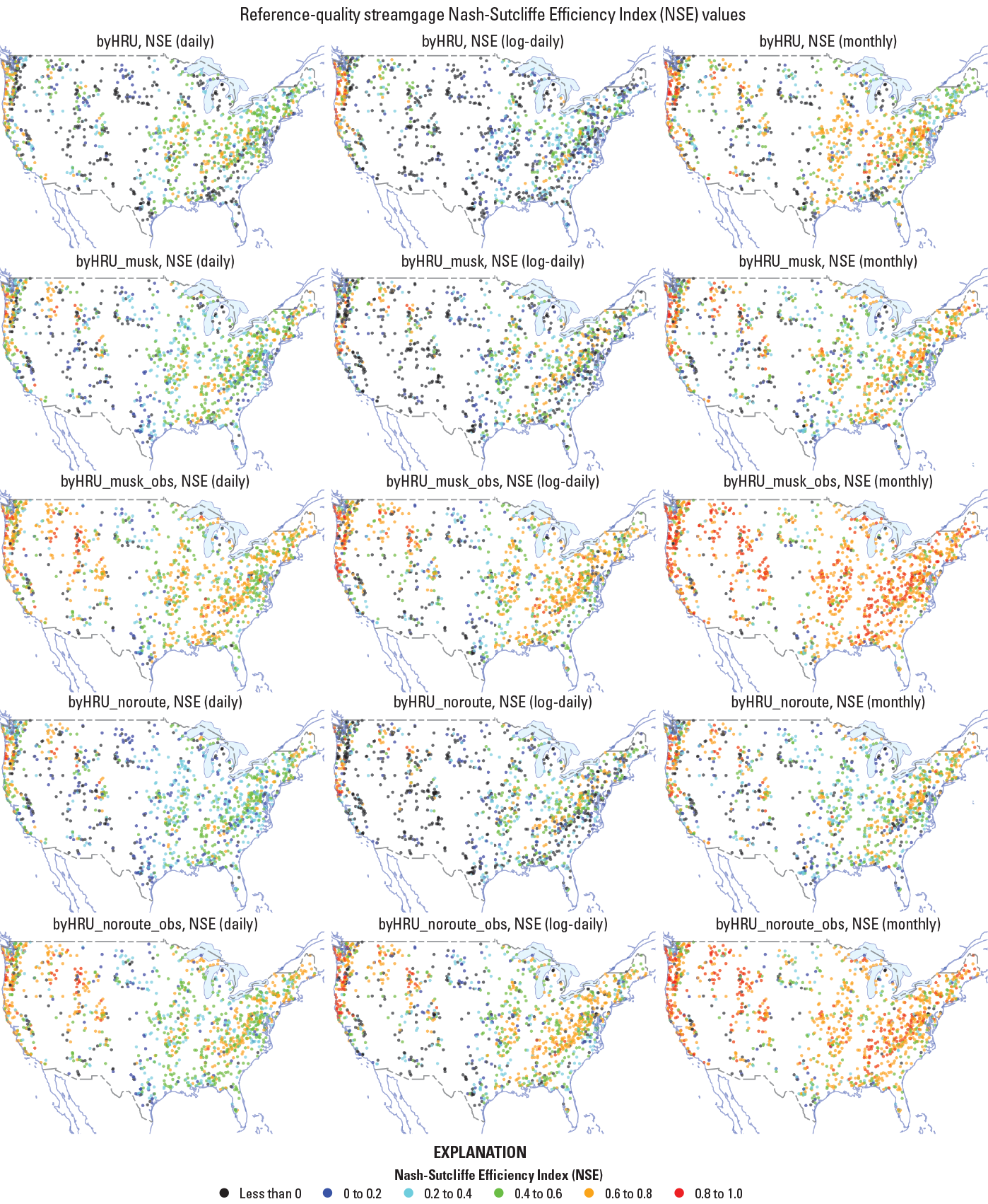 Maps of the United States organized by calibration and time step, with colored dots
                        showing the location of a reference-quality streamgage