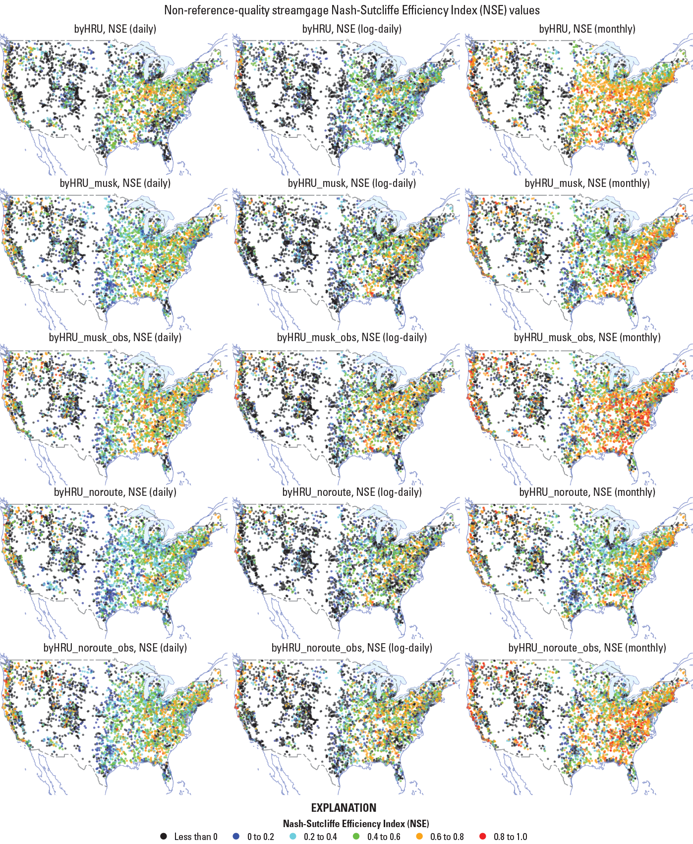 A series of maps of the United States organized by calibration and time step, with
                        colored dots showing the location of a non-reference-quality streamgage