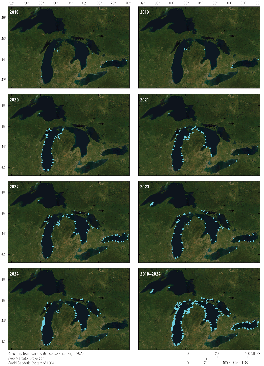 A map showing the locations where underwater images were collected within the Great
Lakes. Dots showing sampled locations are typically located along the coasts with
the greatest density of observations in Lakes Michigan, Huron, and Ontario.