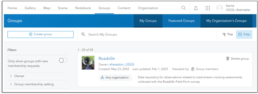 The RoadxStr Group is listed under the “Groups” tab.