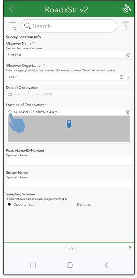 Image shows RoadxStr v2’s “Survey Location Info” page, where the observer’s name and
affiliation, the date of observation, and the location of observation can be input.