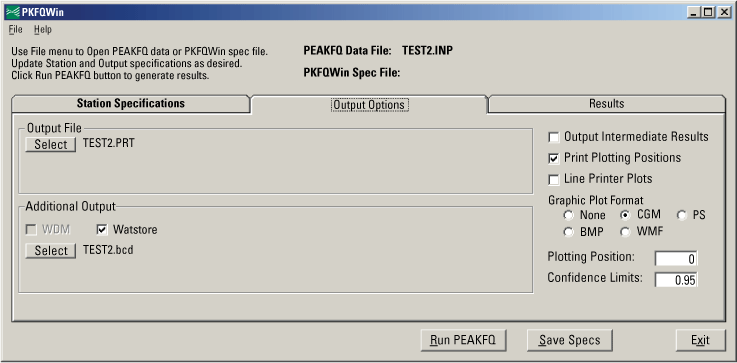 Example of the Output Options tab of program PKFQWin after an input file has been opened.