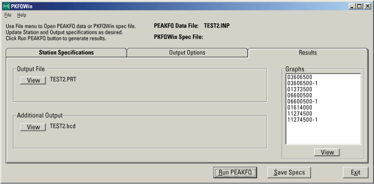 Example of the Results tab of program PKFQWin after the Run PEAKFQ button has been selected.