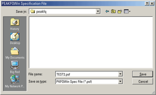 Example of the Save Specifications File window in program PKFQWin, obtained by selecting the Save Specs button at the bottom of the PEAKFQ window.