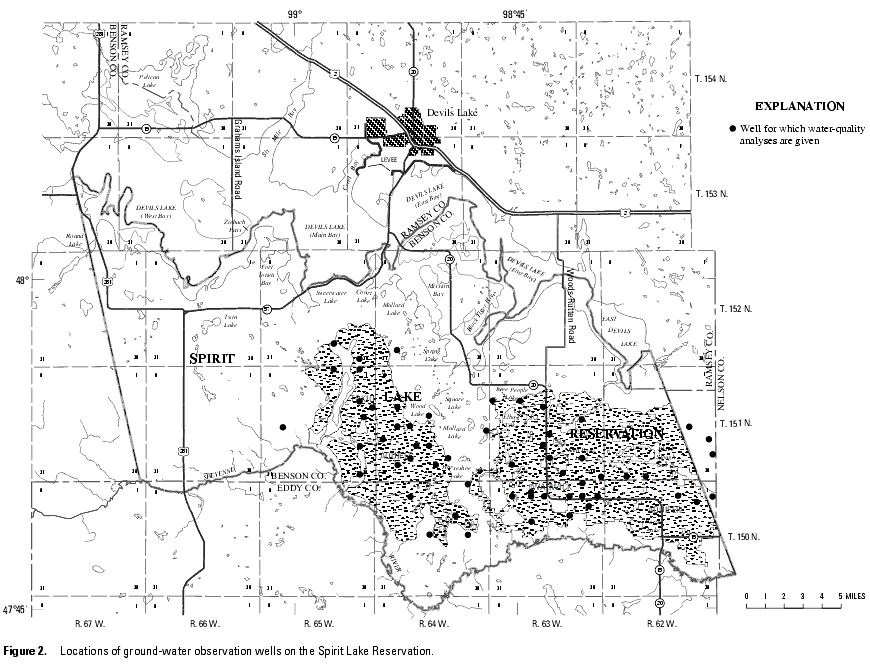 Map showing locations of ground-water observation wells on the Spirit Lake Reservation.