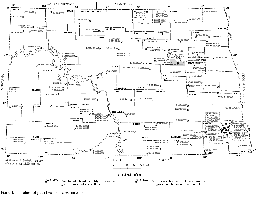 Map showing locations of ground-water observation wells.