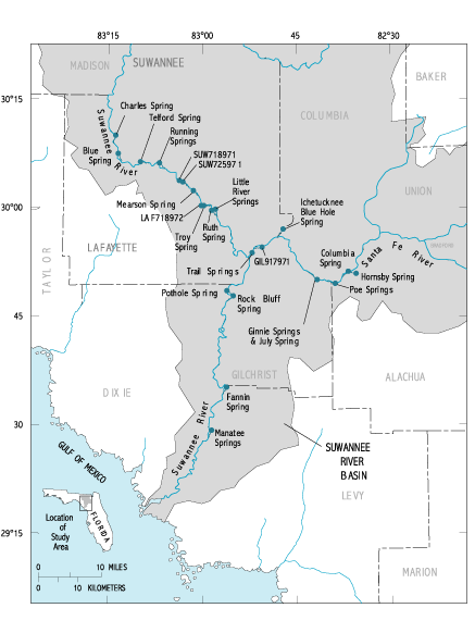 Figure 3. Location of springs sampled in the Suwannee River Basin.
