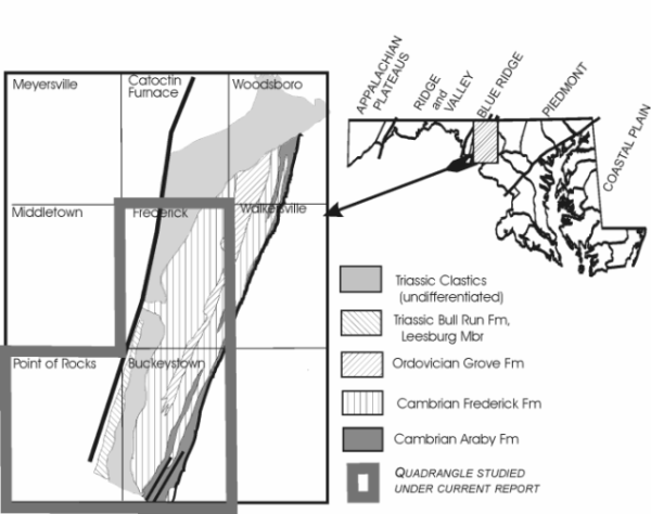 Figure 1. Location map of the Frederick Valley and the location of the Buckeystown, Point of Rocks, and Frederick quadrangles.