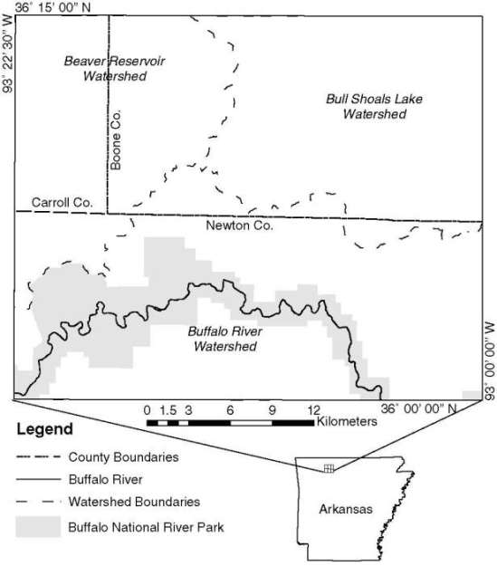 Figure 1:Location and map of the model area; showing county boundaries, the Buffalo River, watershed boundaries, and a portion of the Buffalo National River park.