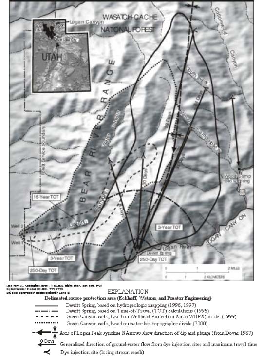 Figure 1. Source-protection areas for Dewitt Spring and Green Canyon wells and results of dye tracing.