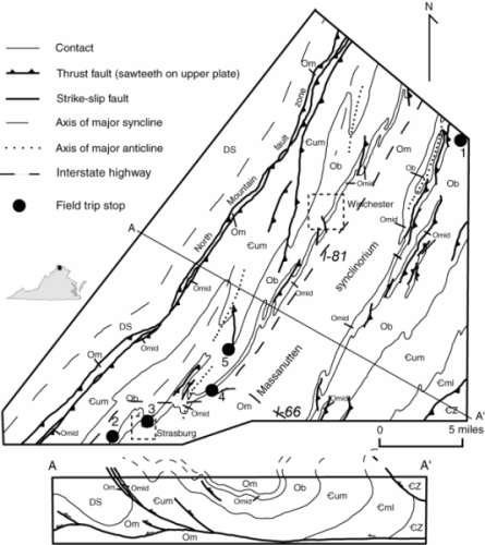 Figure 1.Generalized geologic map, and cross section of the Shenandoah Valley of northern Virginia and location of field stops.