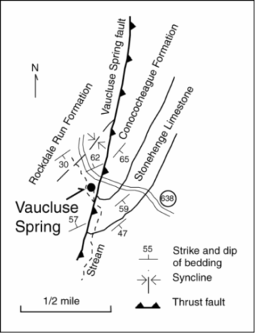 Figure 10.Geologic map of the area around Vaucluse Spring, Frederick County, Virginia