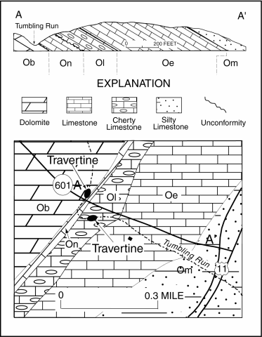 Figure 5.Cross section and geologic map of the Tumbling Run Middle Ordovician stratigraphic section.