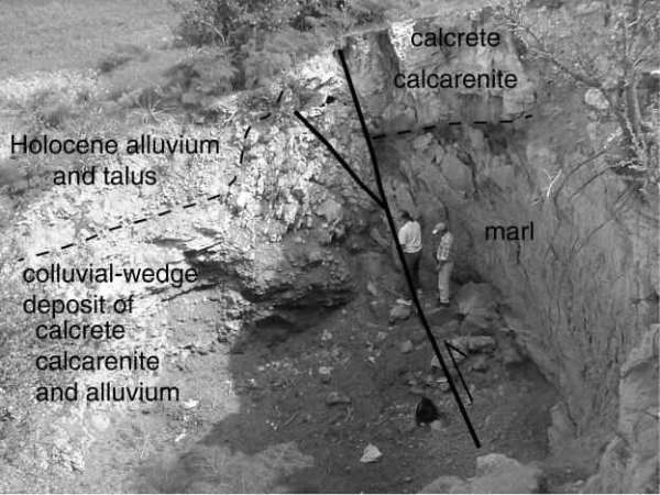 Figure 4. View looking east at sinkhole that developed along the thrust and fault-propagation fold in the restraining bend of the Pergamos fault system.