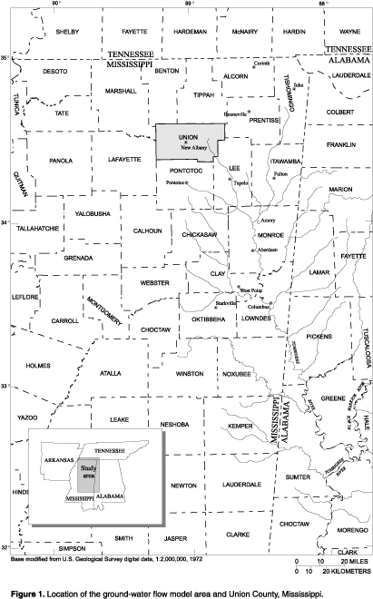 Figure 1. Location of the ground-water flow model area and Union County, Mississippi.
