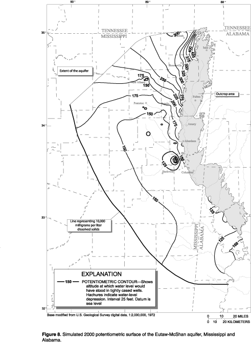 Figure 8. Simulated 2000 potentiometric surface of the Eutaw-McShan aquifer, Mississippi and Alabama.