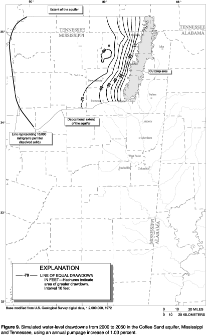 Figure 9. Simulated water-level drawdowns from 2000 to 2050 in the Coffee Sand aquifer, Mississippi and Tennessee, using an annual pumpage increase of 1.03 percent.