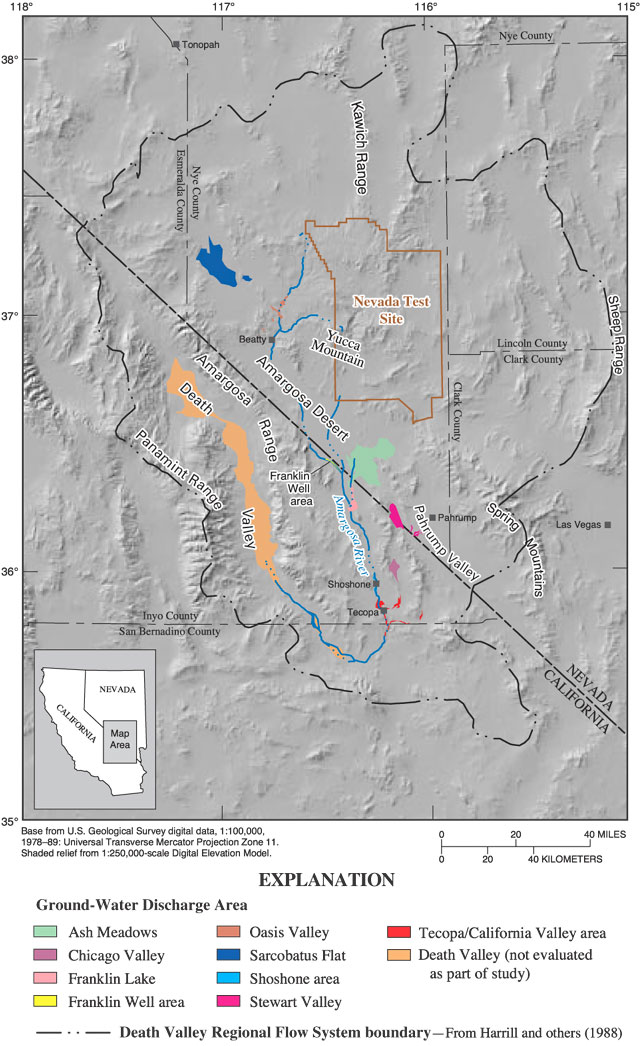 Map showing major areas of natural ground-water discharge in Death Valley regional flow system.