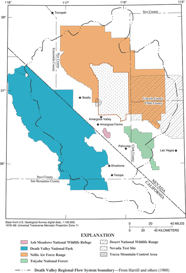 Map showing major areas of Federally administered land in Death Valley regional flow system.