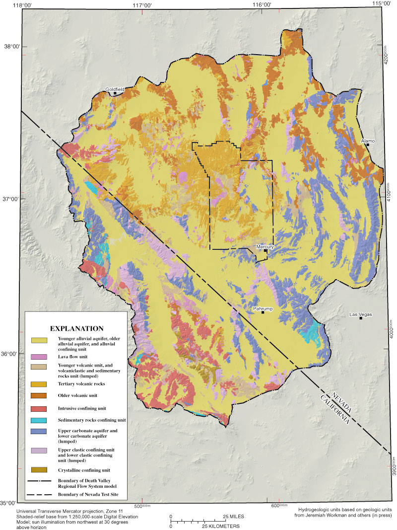 Map showing surface distribution of hydrogeologic units in the Death Valley region.