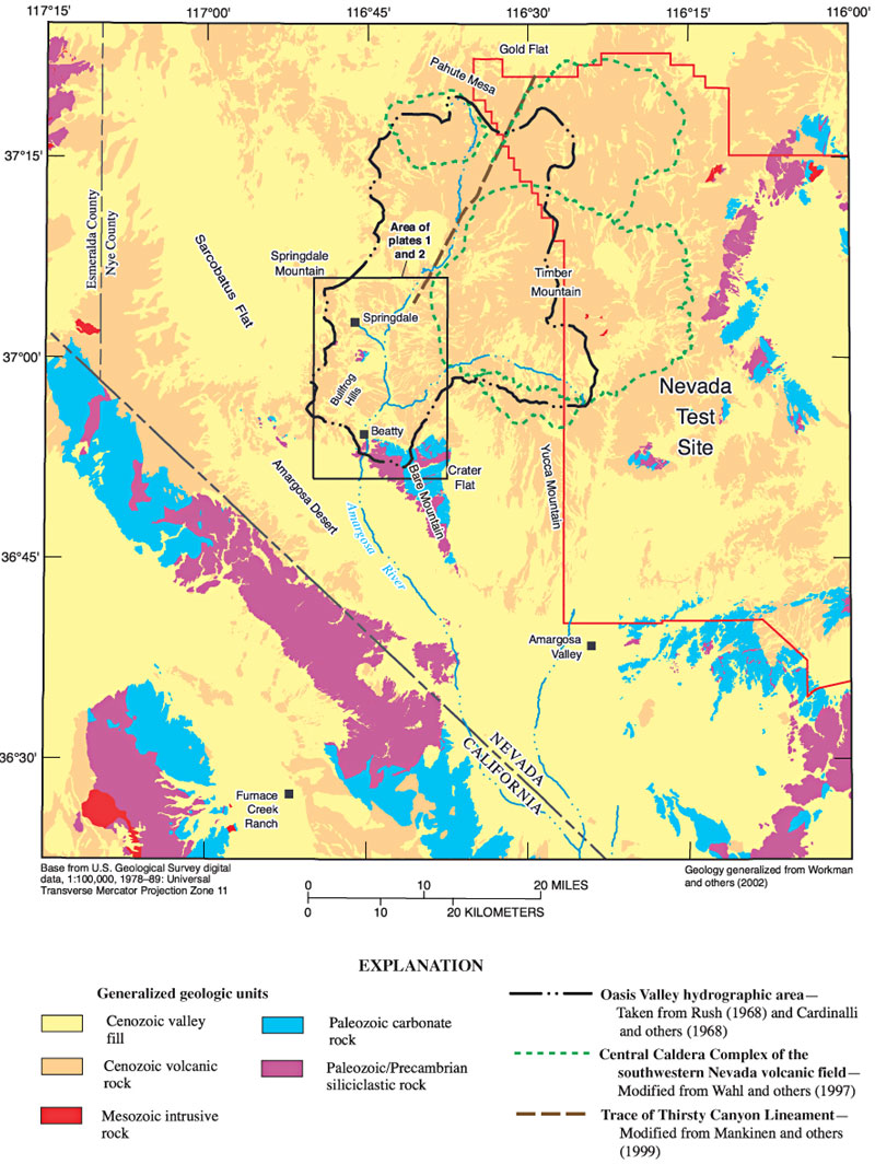 Map showing generalized geology of Oasis Valley area, Nevada and California.