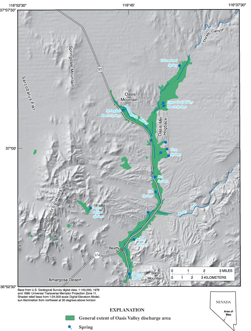 Map showing major hydrographic and physiographic features in Oasis Valley, Nevada.