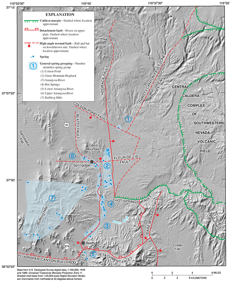 Map showing major structural features controlling spring discharge in Oasis Valley, Nevada.