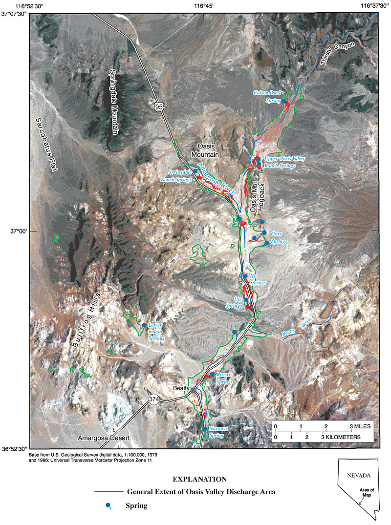 Map showing color-infrared composite generated from bands 4, 3, and 2 (red, green, and blue, respectively) of June 13, 1992, thematic mapper image, Oasis Valley, Nevada (scene identification number LT5040035009216510).